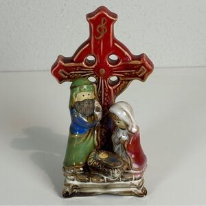 Vintage Ceramic Nativity Cross Christmas Decor Figurine